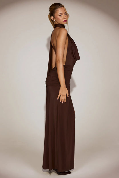 Stretch-Jersey Plunge Halterneck Maxi Dress in Chocolate Brown