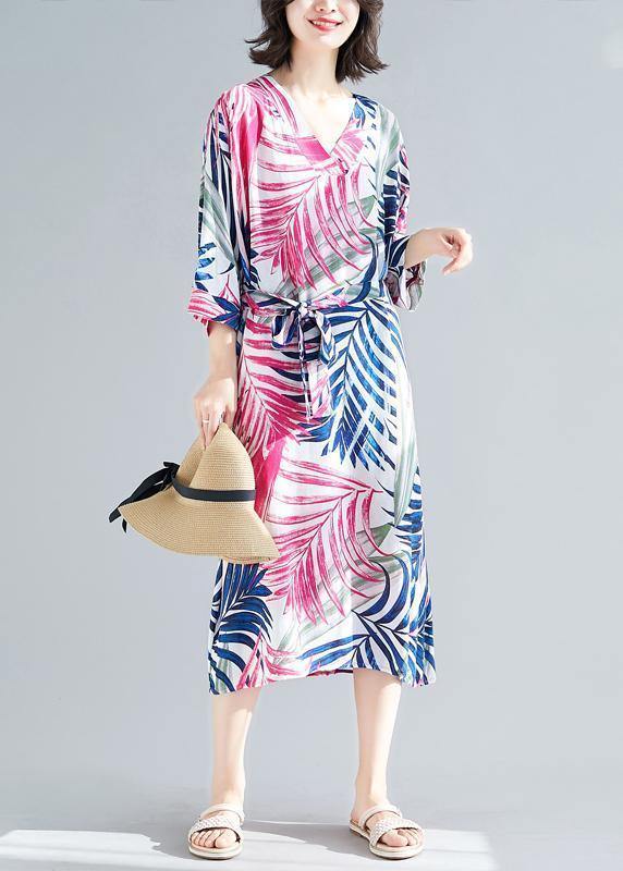 Handmade rose print cotton Women v neck tie waist A Line summer Dresses