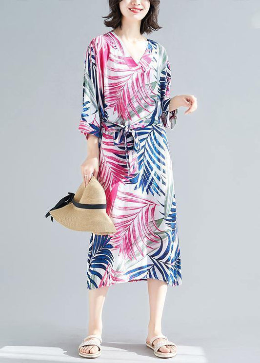 Handmade rose print cotton Women v neck tie waist A Line summer Dresses