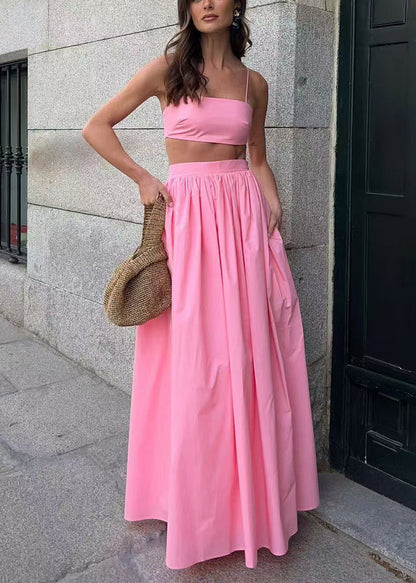 Fitted Pink Silm Fit Cotton Strapless Tops And Skirts Women Sets 2 Pieces Summer