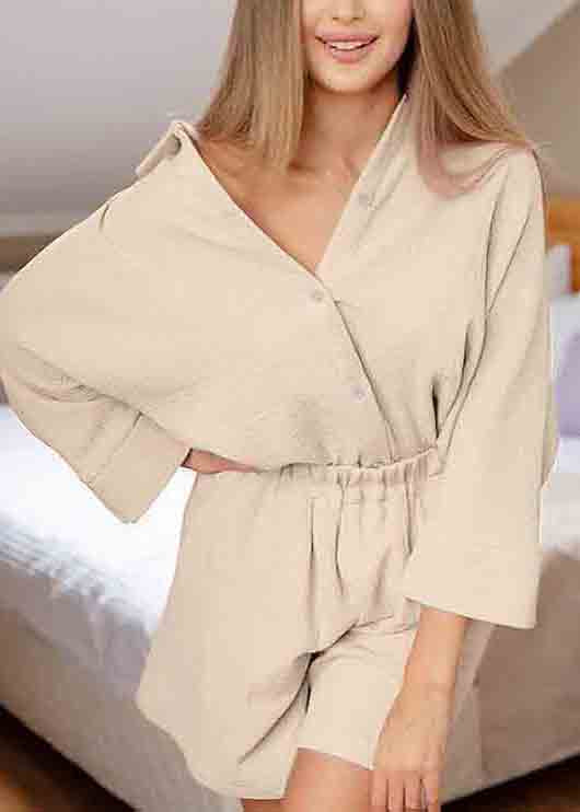 Art Solid Color Oversized Cotton Shirts And Shorts Two Pieces Set Long Sleeve