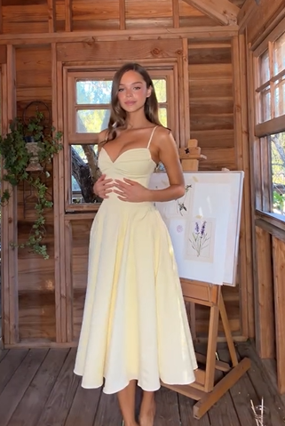 Pale Yellow V-Neck Thin Strap Waist-Cinched Flare Midi Dress | Elegant French Tea Dress