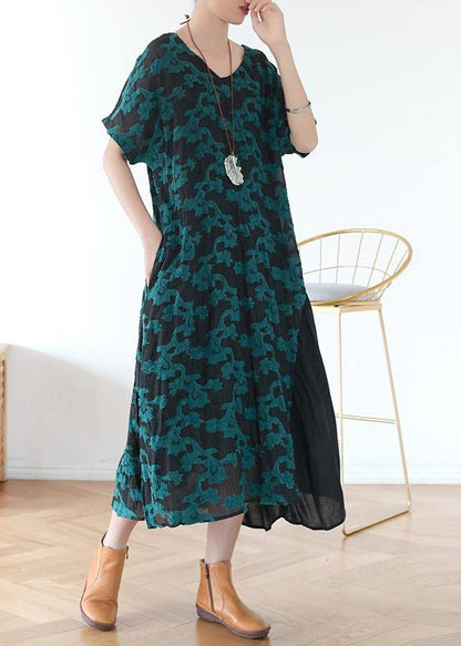 Beautiful v neck pockets tunic top design green print A Line Dresses