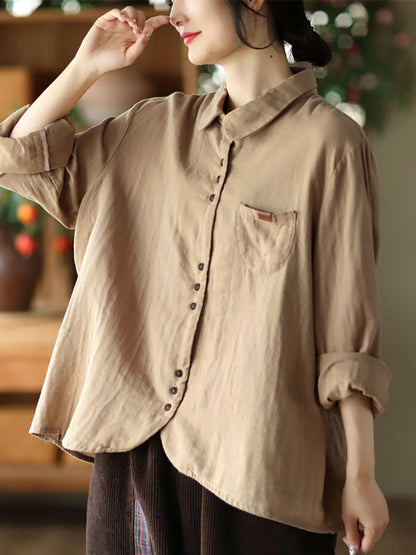 Women Spring Vintage Solid Button Pocket T-shirt