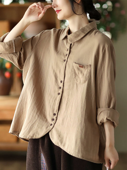 Women Spring Vintage Solid Button Pocket T-shirt