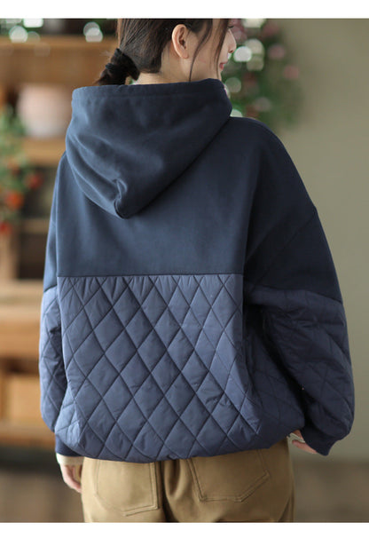 Loose Warm Patchwork Hooded Padded Sweatshirt