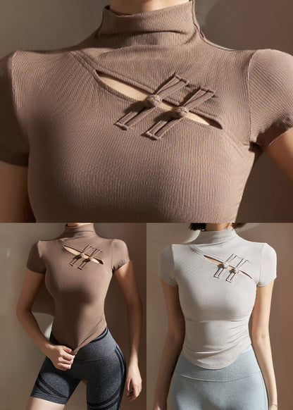 Chinese Style Coffee High Neck Modal Cotton Yoga Tops Short Sleeve