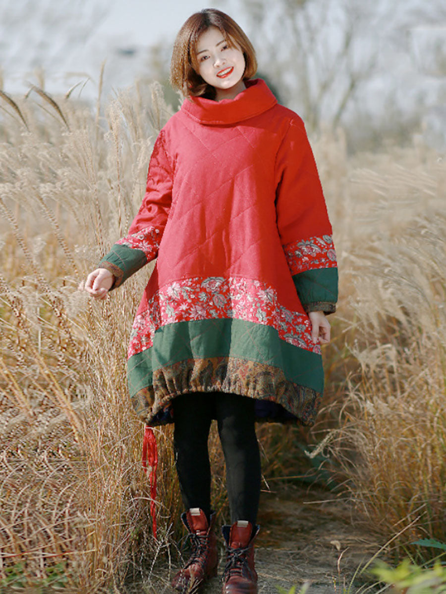 Women Winter Ethnic Patchwork Pocket Pullover Loose Coat