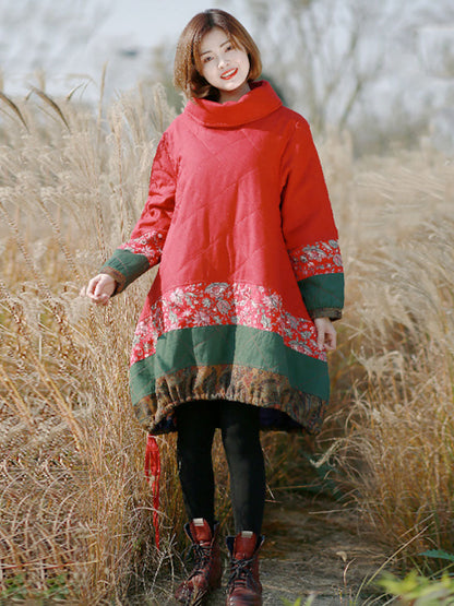 Women Winter Ethnic Patchwork Pocket Pullover Loose Coat