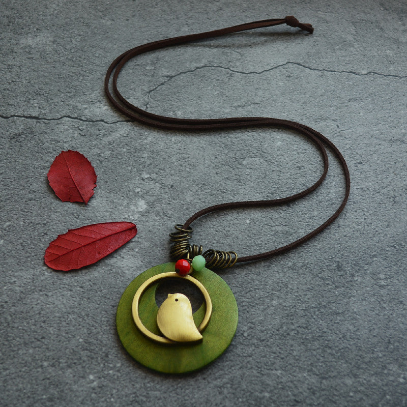 Wood Chip Bird Pendant Long Necklace