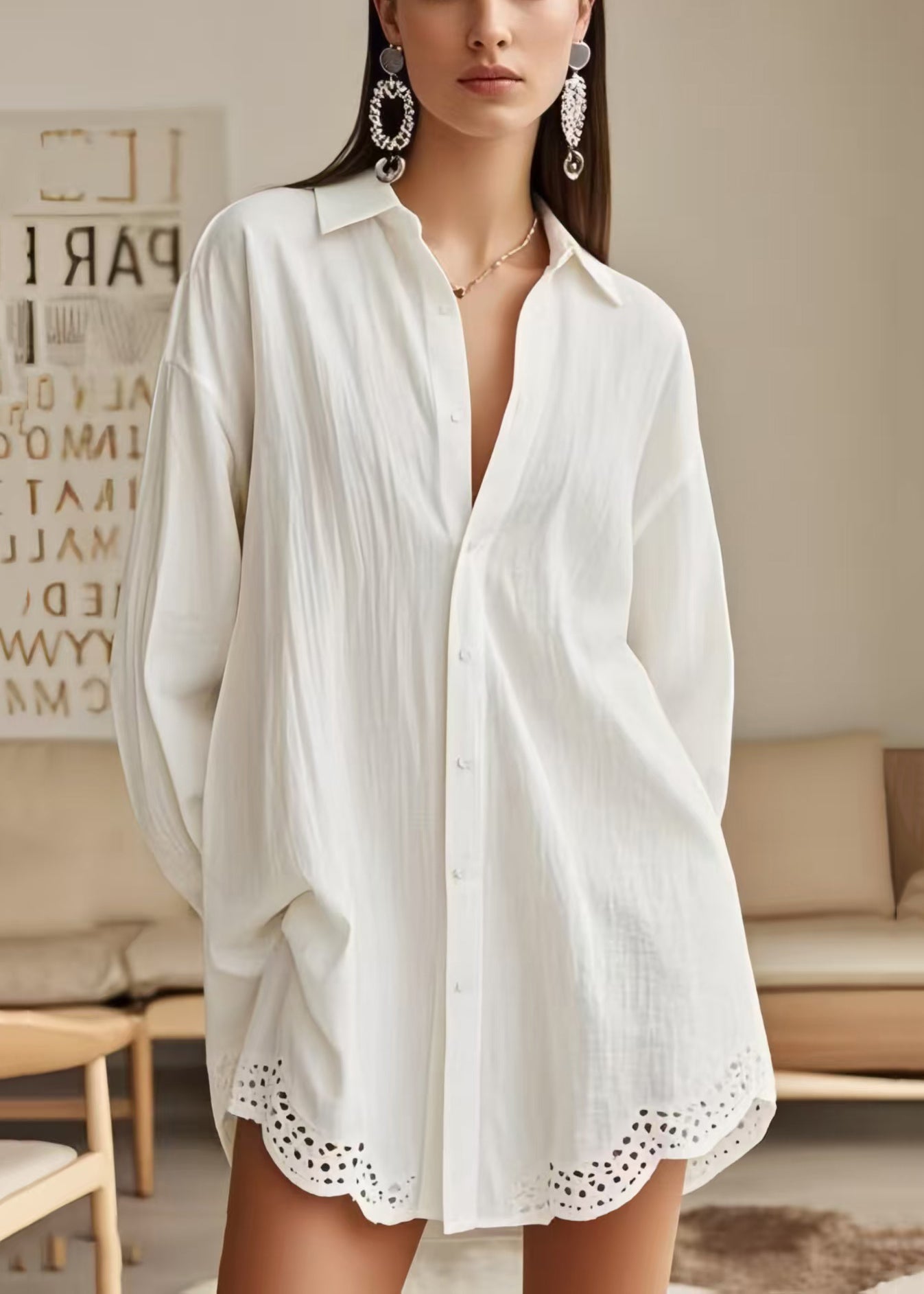DIY White Oversized Patchwork Lace Long Shirts Spring