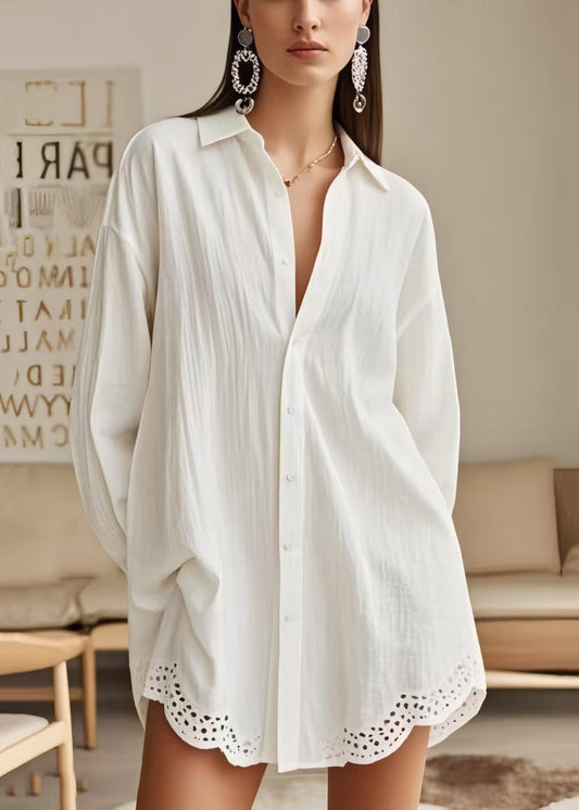 DIY White Oversized Patchwork Lace Long Shirts Spring