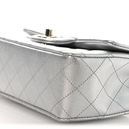 Metallic Lambskin Quilted Mini Rectangular Flap Silver