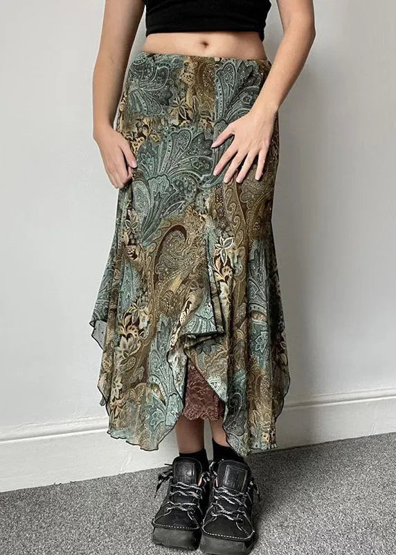 Vintage Green Print Lace Patchwork Skirts Summer