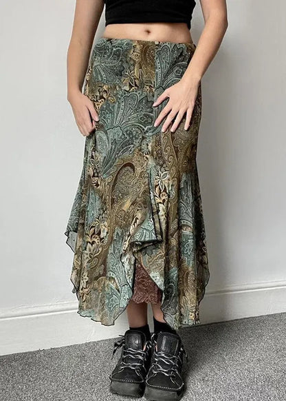 Vintage Green Print Lace Patchwork Skirts Summer