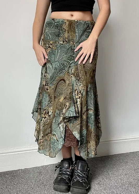 Vintage Green Print Lace Patchwork Skirts Summer