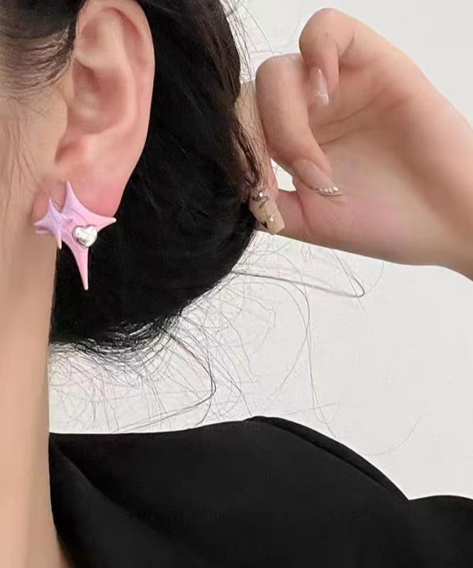 Cute Pink Alloy Star Love Stud Earrings