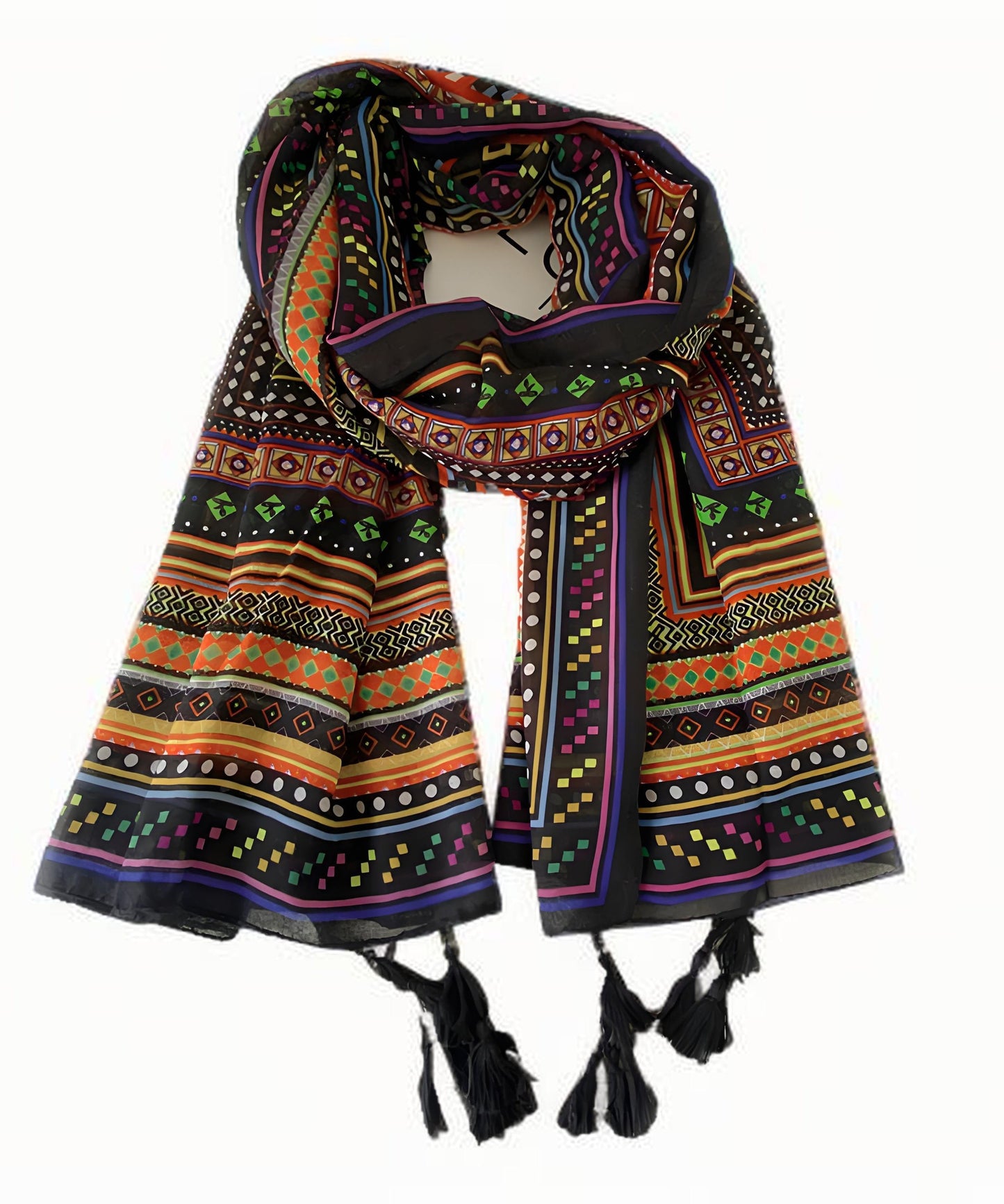 French Geometric Print Tasseled Cotton Scarf