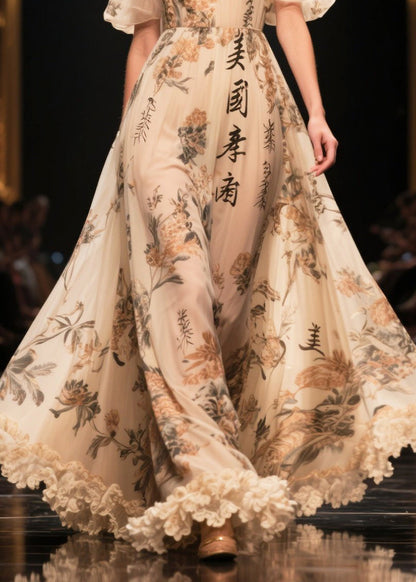 Bohemian Apricot Ruffled Print Exra Large Hem Chiffon Dress Summer