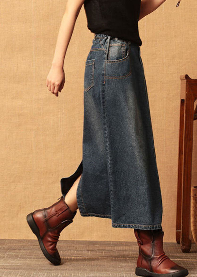 Dark Blue Patchwork Cotton Denim Skirt High Waist Side Open Cozy