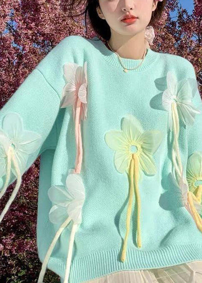 Cute Blue O-Neck Floral Thick Cotton Knit Sweater Fall