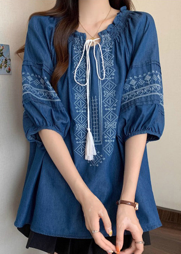 Boho Navy Ruffled Embroidered Cotton Blouses Bracelet Sleeve