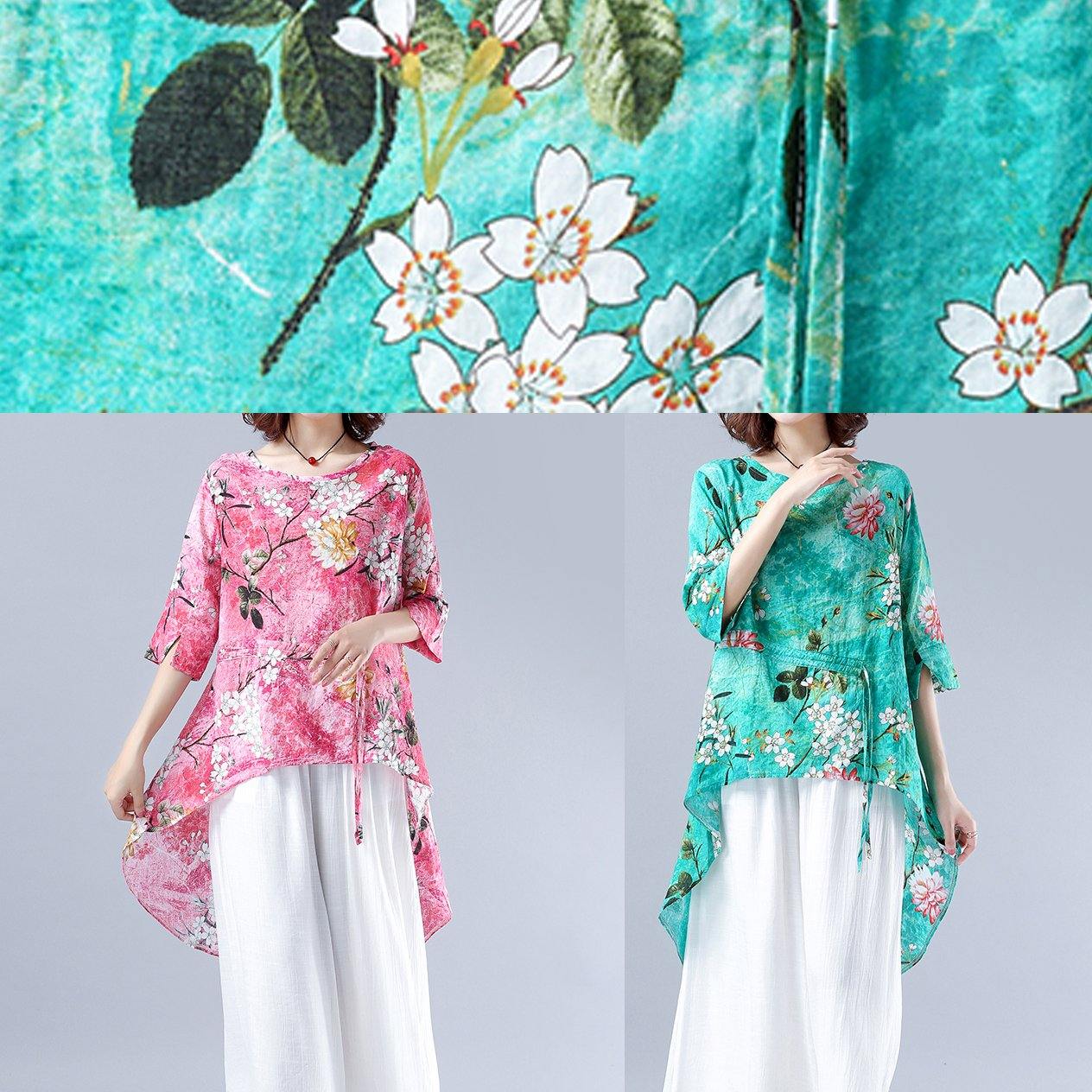 Classy pink Plant printing clothes For Women o neck asymmetric tops