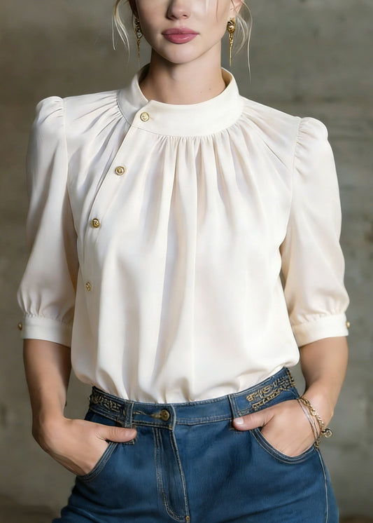 Stylish Apricot O-Neck Button Silk Shirts Summer
