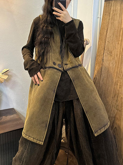 Women Winter Vintage Thick Button Long Waistcoat