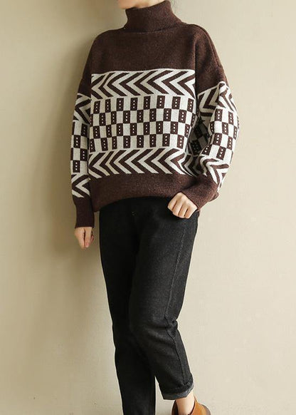 Women chocolate knitted pullover patchwork Loose fitting high neck sweaters