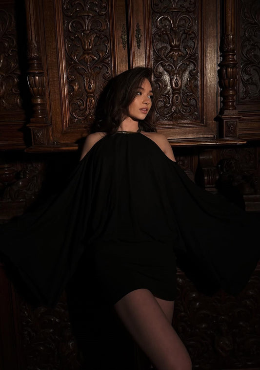 Black Halter Off-Shoulder Open Back Chain Detail Sexy Mini Dress