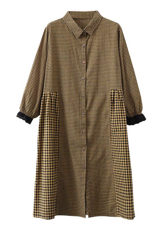 Oversize patchwork cotton Dresses Wardrobes Tunic Tops yellow plaid Dress