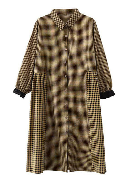 Oversize patchwork cotton Dresses Wardrobes Tunic Tops yellow plaid Dress