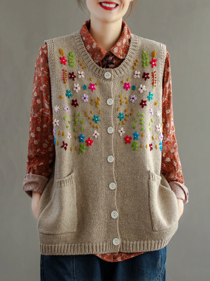 Women Embroidery Cotton Baggy Cardigan Vest