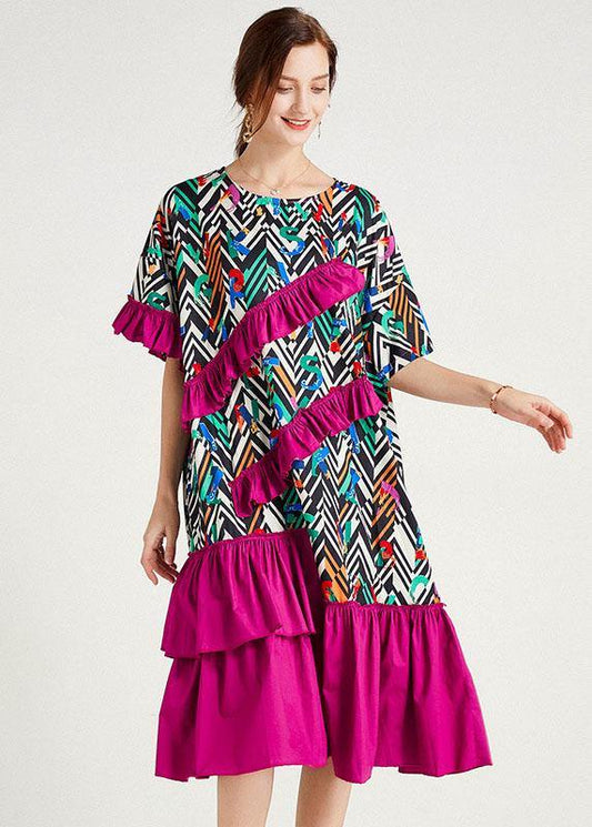 Elegant Orange Print Loose Ruffles Summer Long Dresses