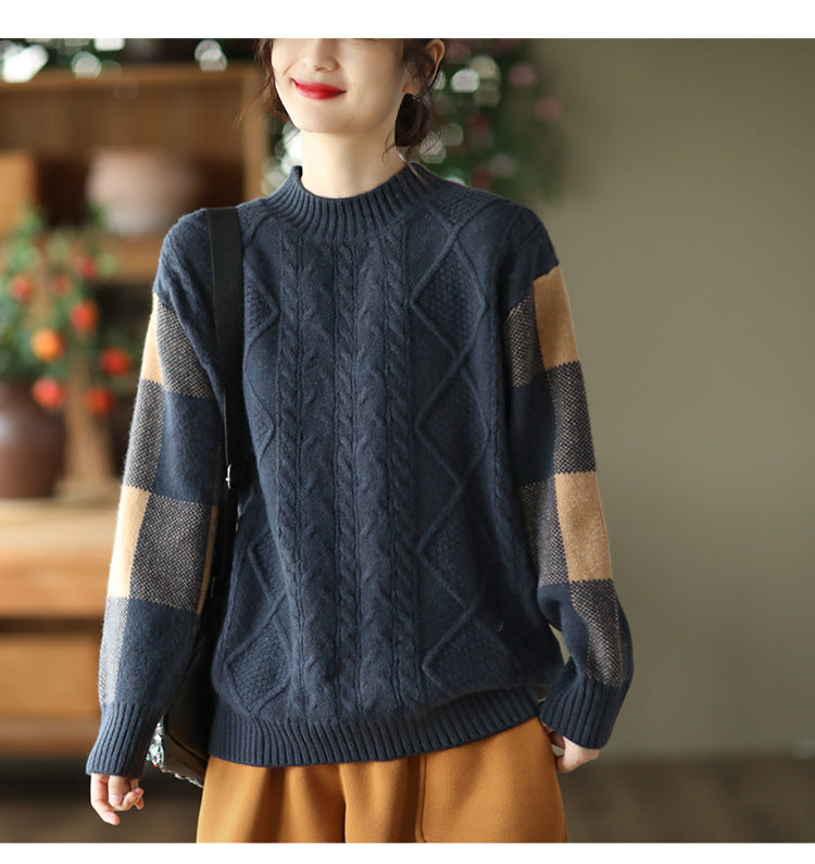 Retro Thick Jacquard Knit Color Block Three-dimensional Sweater