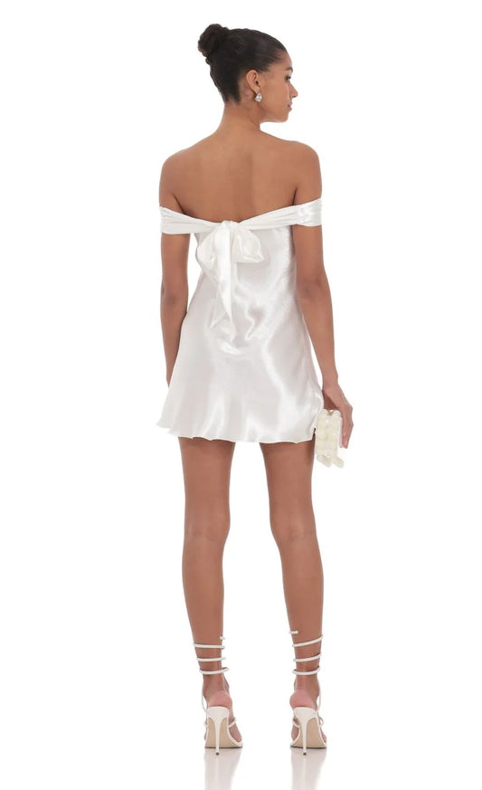 Satin Off Shoulder Dress in White