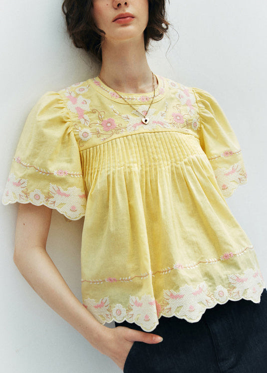 Beautiful Yellow Print Puff Sleeve Cotton Shirt
