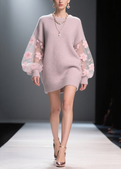Women Light Purple Patchwork Tulle Thick Long Sweater Fall