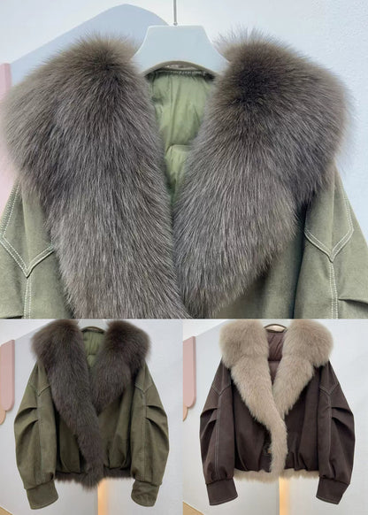 Loose Army Green Fur Collar Patchwork Fine Cotton Winter Coats Winter