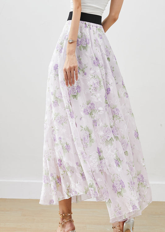 Women Purple Floral Print Chiffon A Line Skirts Fall