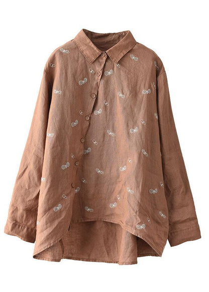 Chic Khaki Peter Pan Collar Button Fall Asymmetrical Design Top Long Sleeve