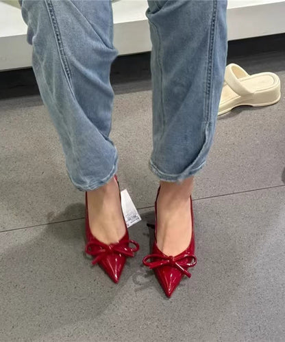 Elegant Bow Splicing Stiletto High Heels Red Faux Leather