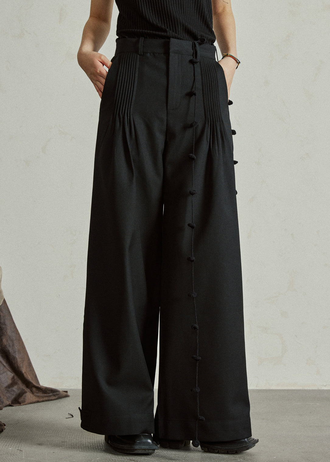 Casual Black High Waist Pockets Wide Leg Pants Fall