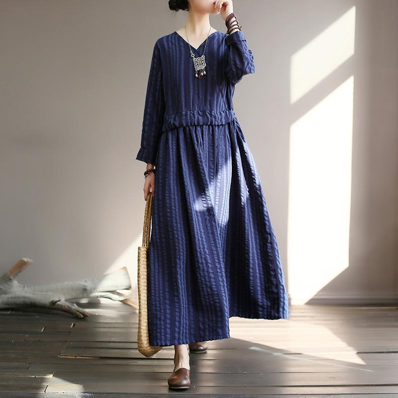 Retro V-neck Striped Loose Dress