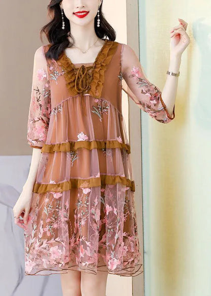 DIY Coffee Embroideried Ruffled Lace Up Organza Dresses Half Sleeve