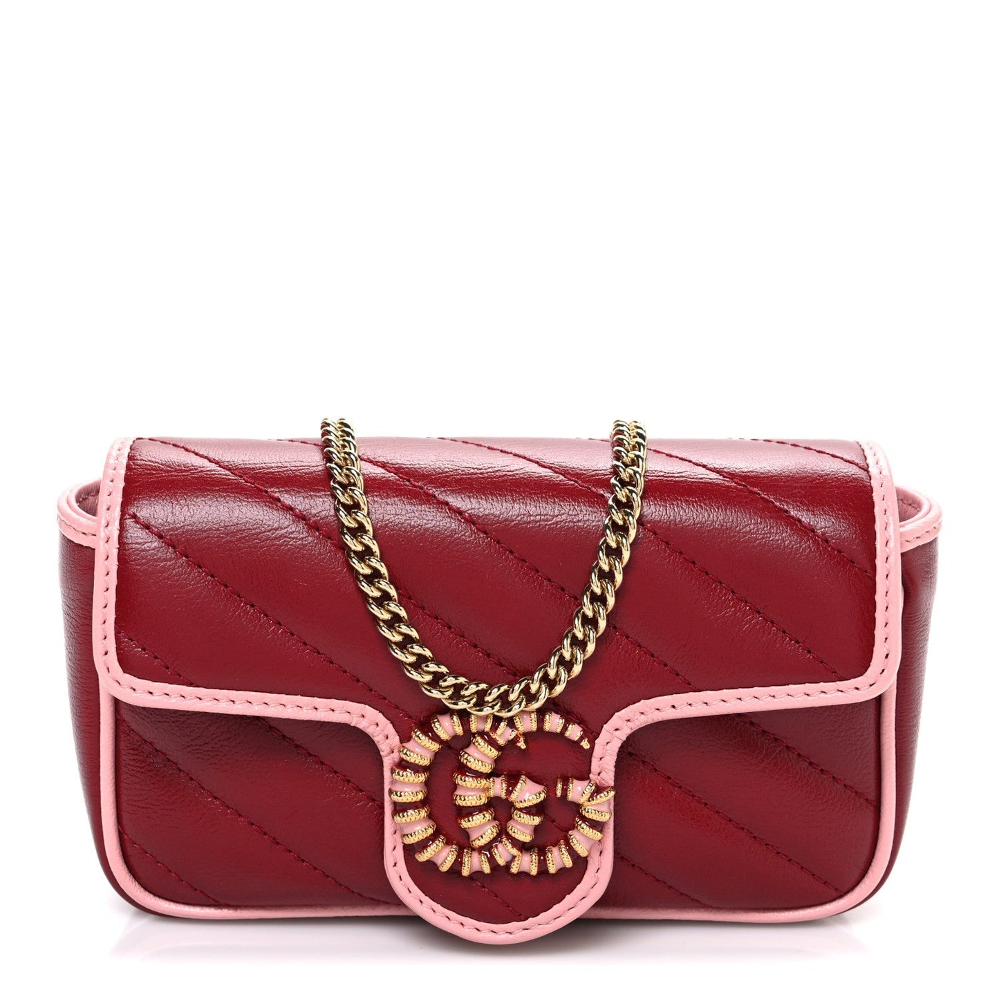 Azalea Calfskin Enamel Matelasse Diagonal Super Mini Torchon GG Marmont Shoulder Bag New Cherry Red Wild Rose