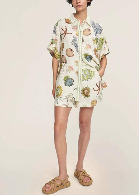 Italian Apricot Peter Pan Collar Shirts And Shorts Two Pieces Set Short Sleeve