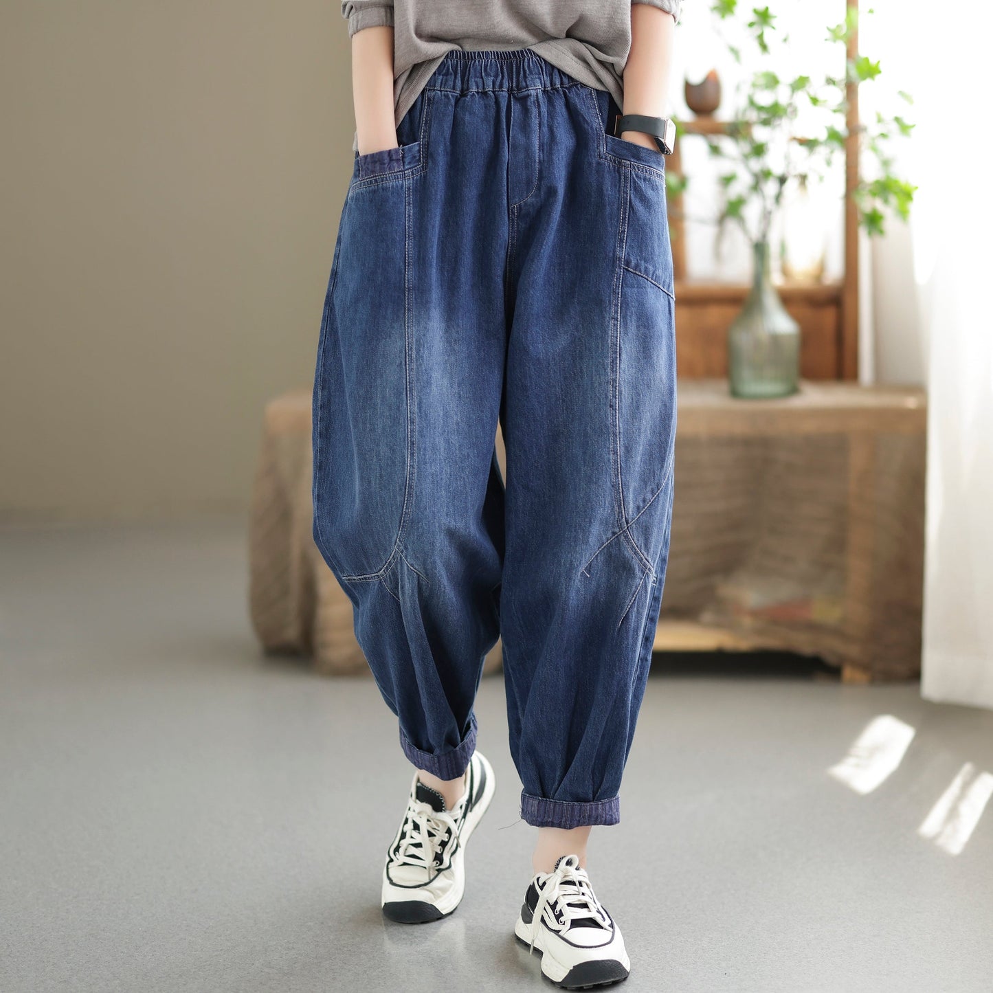 Summer Autumn Loose Casual Retro Patchwork Cotton Jeans