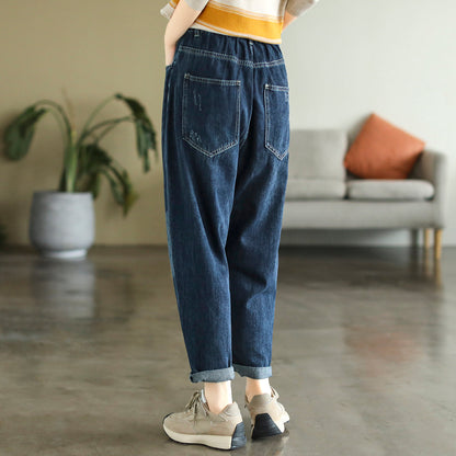 Autumn Women Ripped Patchwork Cotton Jeans